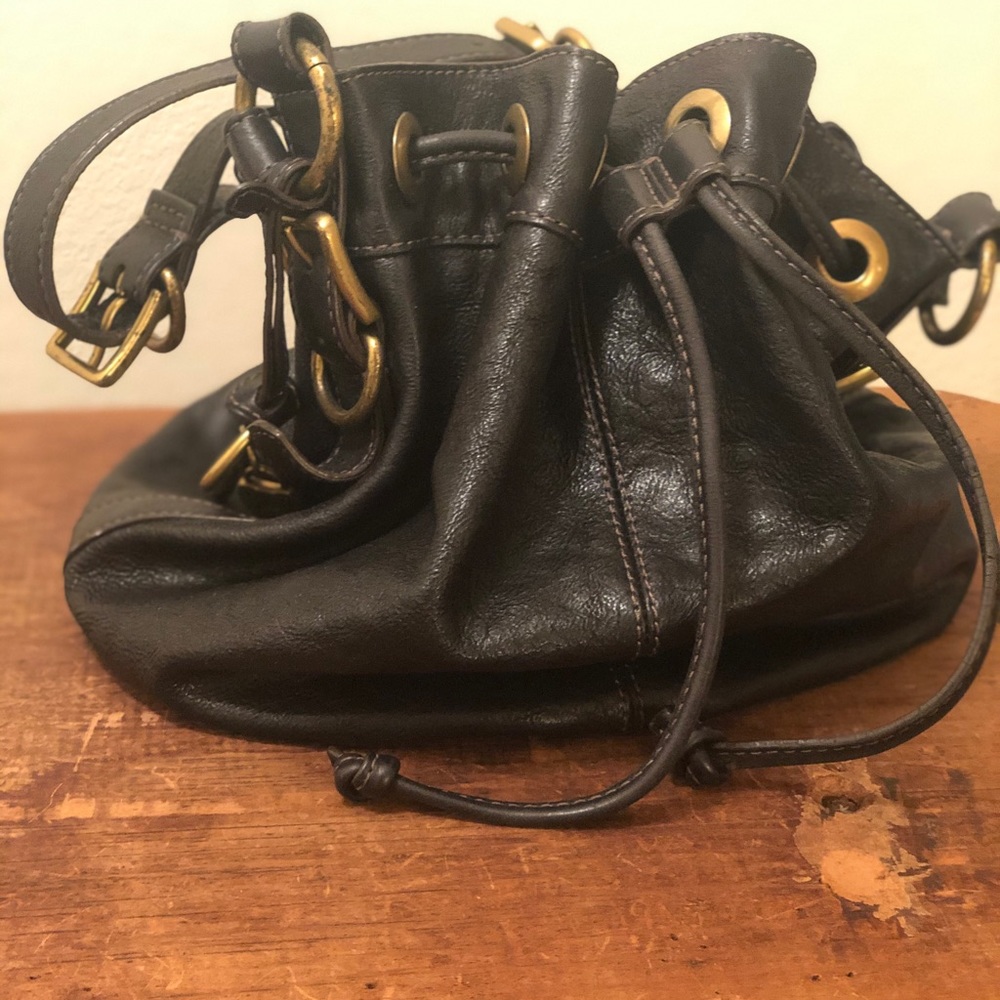 Black Leather Fossil Drawstring Bag